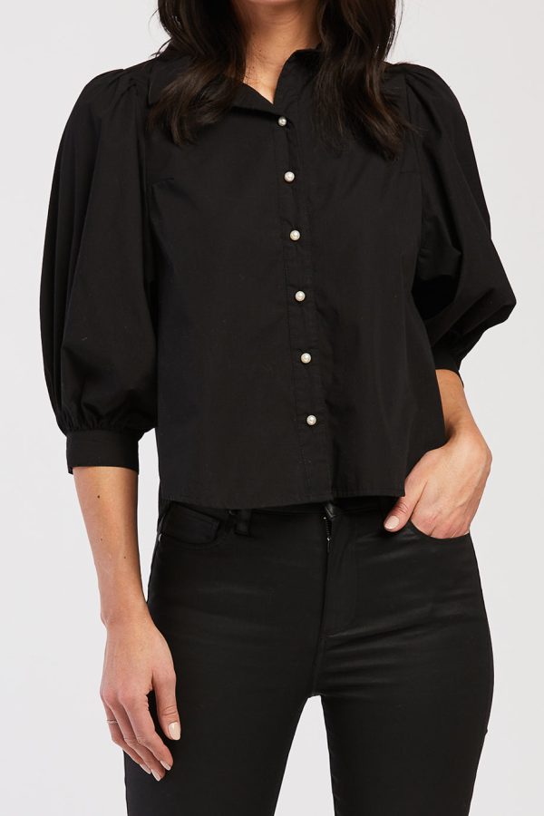 Teegan 3/4 Puff Sleeve Pearl Button Down Top Shirred Shoulder Top