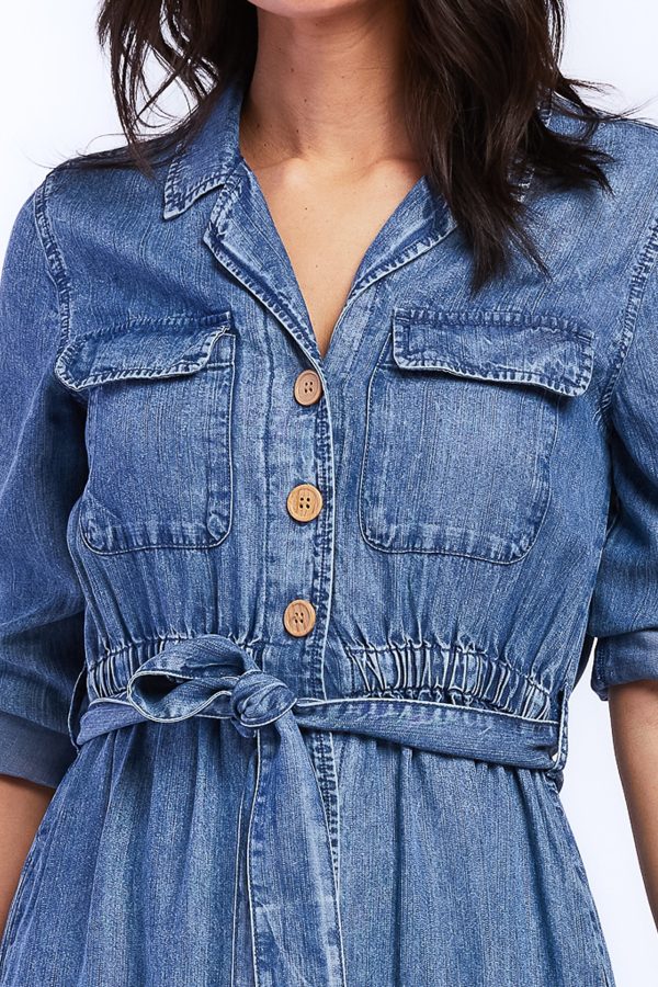 Justice Rolled Tab Sleeve Button Down Midi Dress Flap Chest Pocket - Image 3