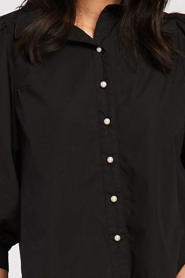 Teegan 3/4 Puff Sleeve Pearl Button Down Top Shirred Shoulder Top - Image 5
