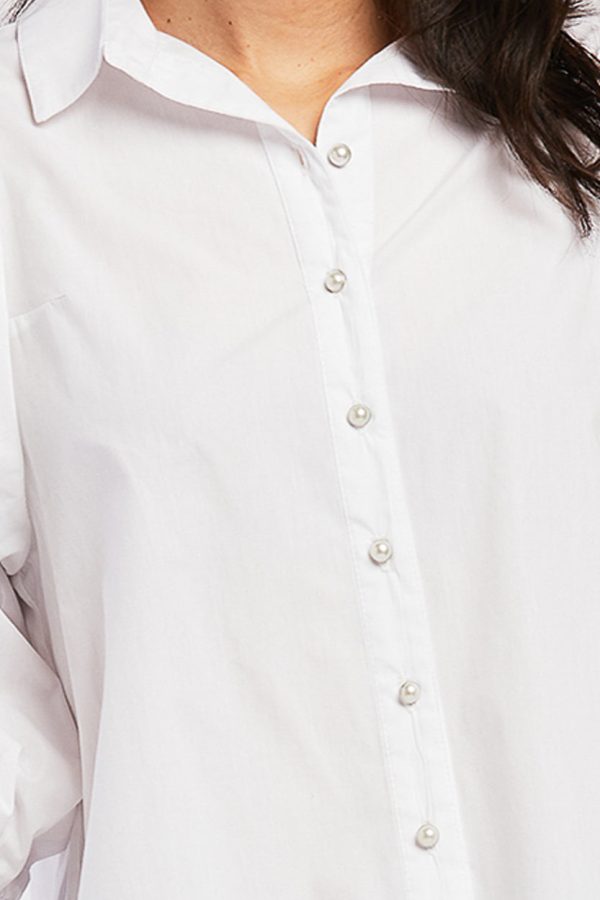 Teegan 3/4 Puff Sleeve Pearl Button Down Top Shirred Shoulder Top - Image 3