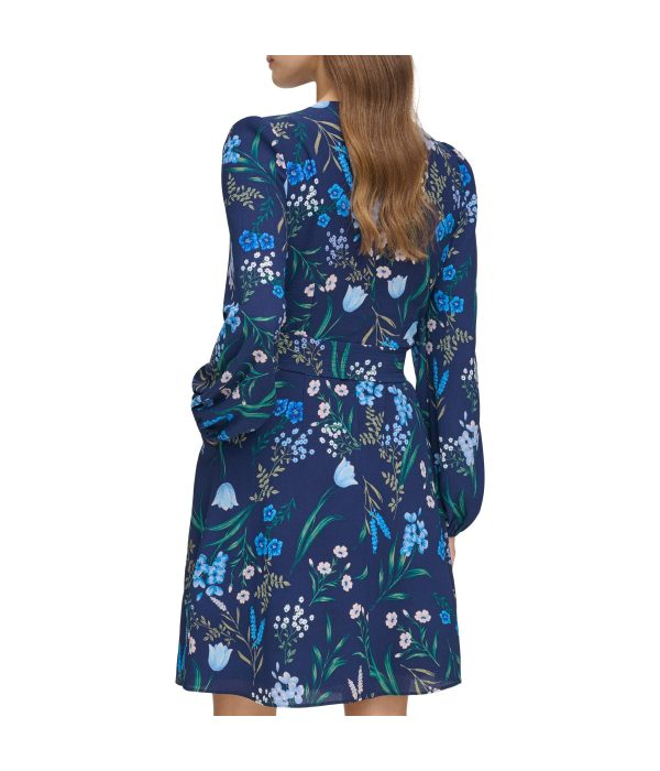 Jewel Neck Long Sleeve Fit & Flare With Trapunto Belt Navy - Image 2