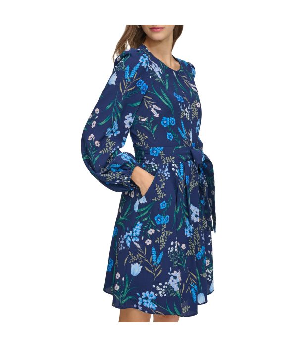 Jewel Neck Long Sleeve Fit & Flare With Trapunto Belt Navy - Image 3