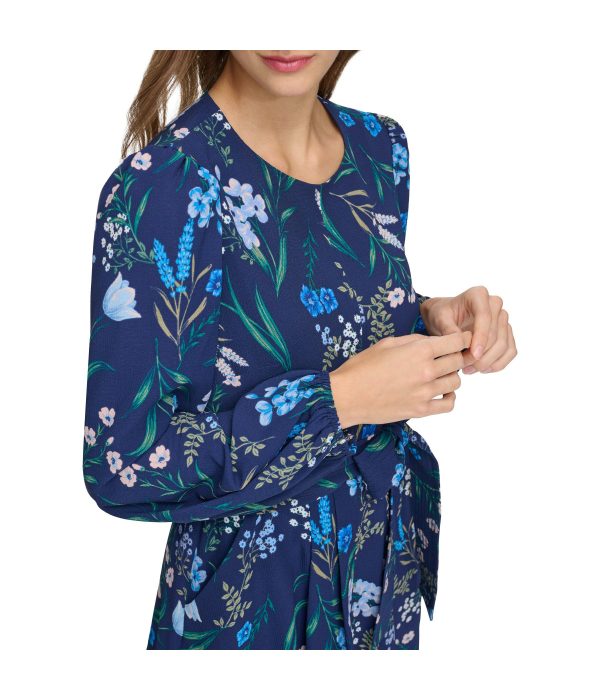 Jewel Neck Long Sleeve Fit & Flare With Trapunto Belt Navy - Image 4