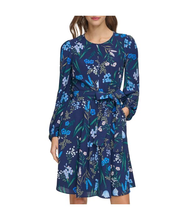 Jewel Neck Long Sleeve Fit & Flare With Trapunto Belt Navy - Image 6