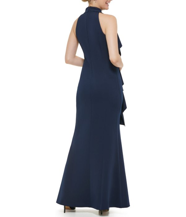 1Pc Sleeveless Mock Neck Cascade Ruffle Gown W/ Slit At Hem Navy - Image 2