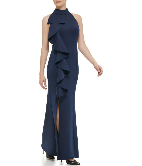 1Pc Sleeveless Mock Neck Cascade Ruffle Gown W/ Slit At Hem Navy - Image 3