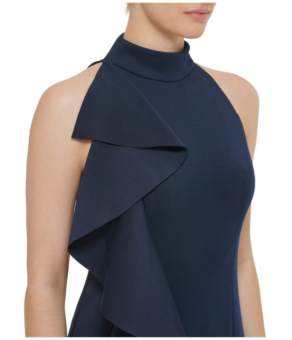1Pc Sleeveless Mock Neck Cascade Ruffle Gown W/ Slit At Hem Navy - Image 4